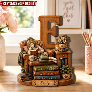 Just A Girl Who Loves Books Wooden Block, Personalized Initial Letter & Name Block