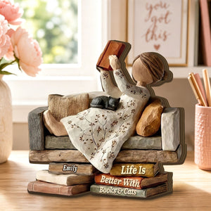 Just A Girl Who Loves Books Wooden Plaque, Personalized Reader Cat Mom Gift