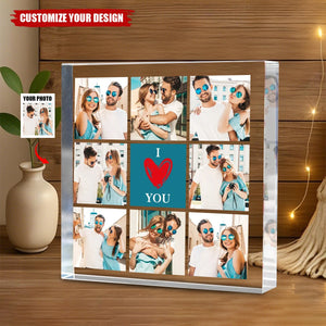 Personalized Heart I Love You 8 Photos Collage Square Acrylic Plaque Desk Decor, Gift for Couple