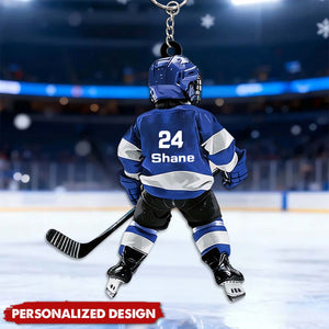 Personalized Custom Name Number Mini Hockey Player Keychain