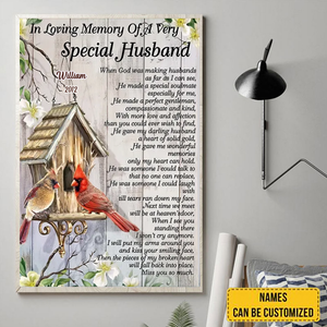 In Loving Memory Of A Very Special Husband – Cardinal Bird- Memorial Canvas