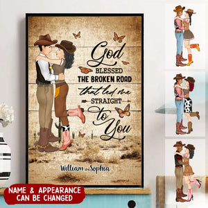 Personalized Couple Cowboy And Cowgir God Blessed The Broken Road That Led Me Straight To You Canvas Prints
