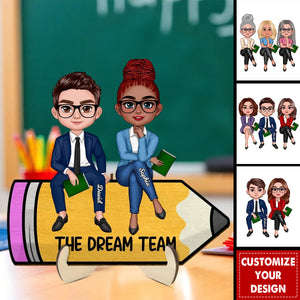 Doll Teacher Bestfriends Colleagues Sitting On Pencil Personalized 2-Layer Wooden Plaque, Teacher Appreciation Gift