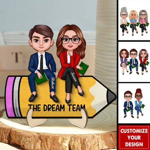 Doll Teacher Bestfriends Colleagues Sitting On Pencil Personalized 2-Layer Wooden Plaque, Teacher Appreciation Gift
