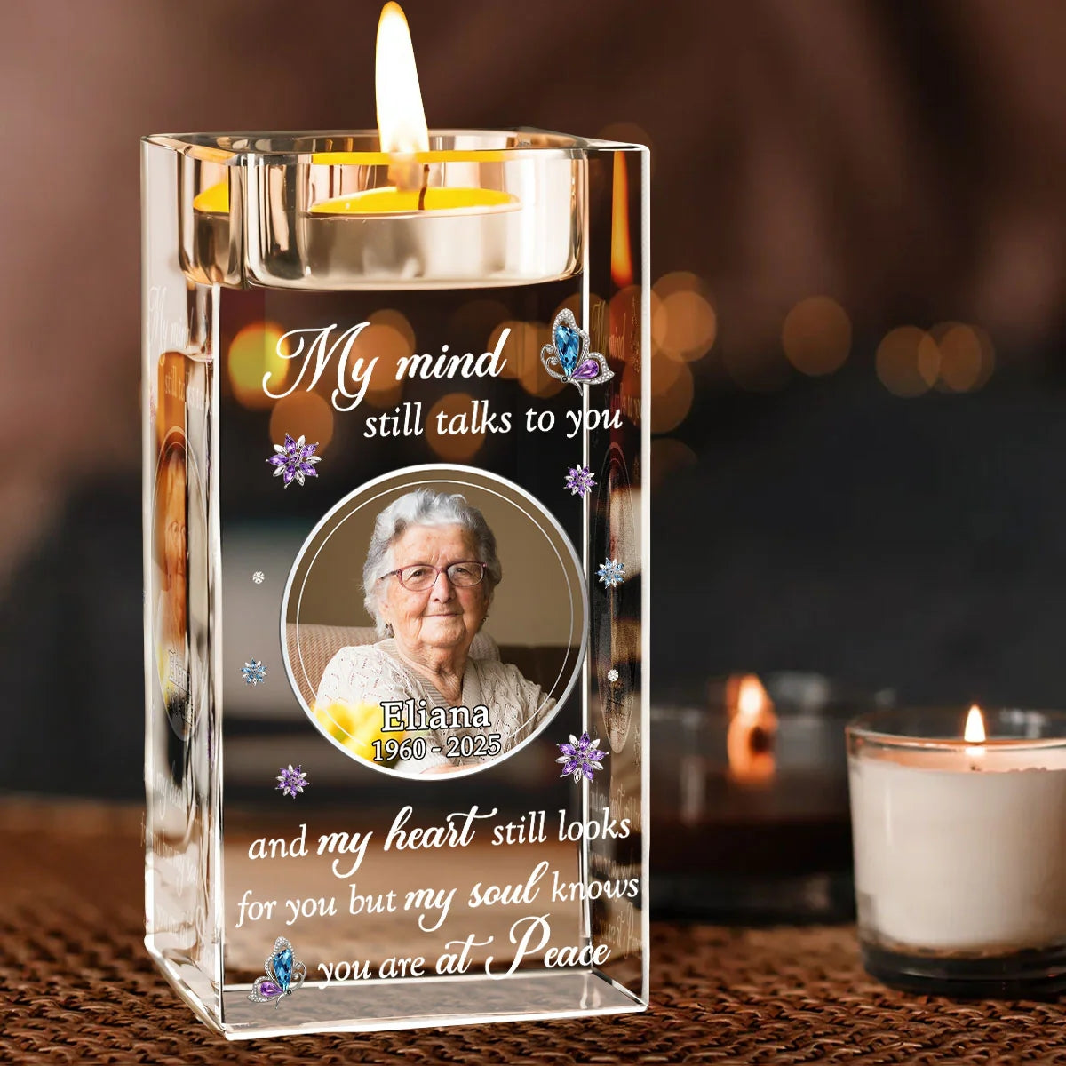 My Mind Still Talks To You- Memorial Personalized Custom Crystal Candle Holder