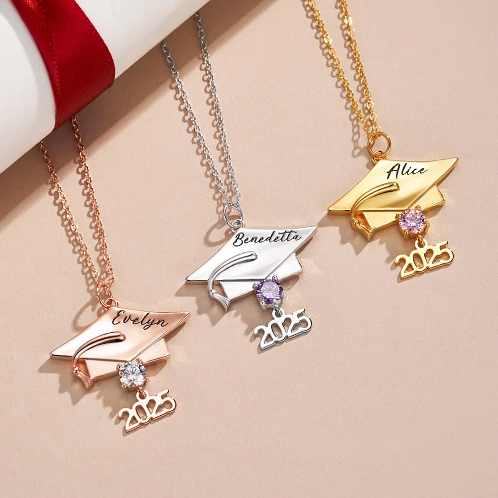 Personalized Graduation Cap Pendant Necklace - Custom Birthstone & Name Graduation Jewelry