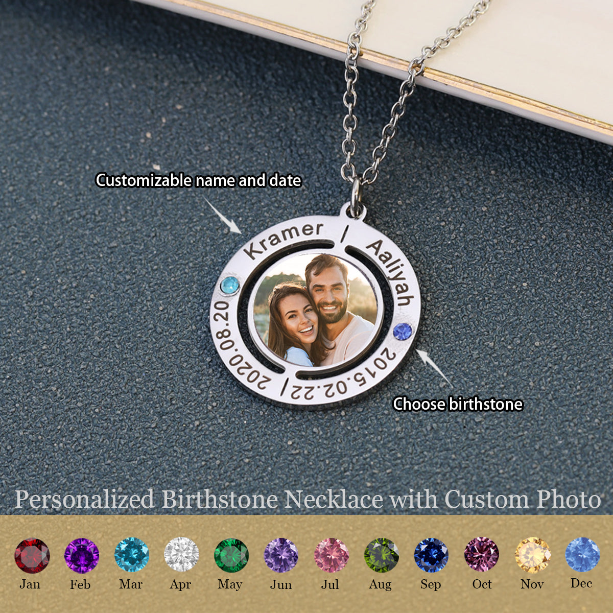 Personalized Birthstone Necklace with Custom Photo