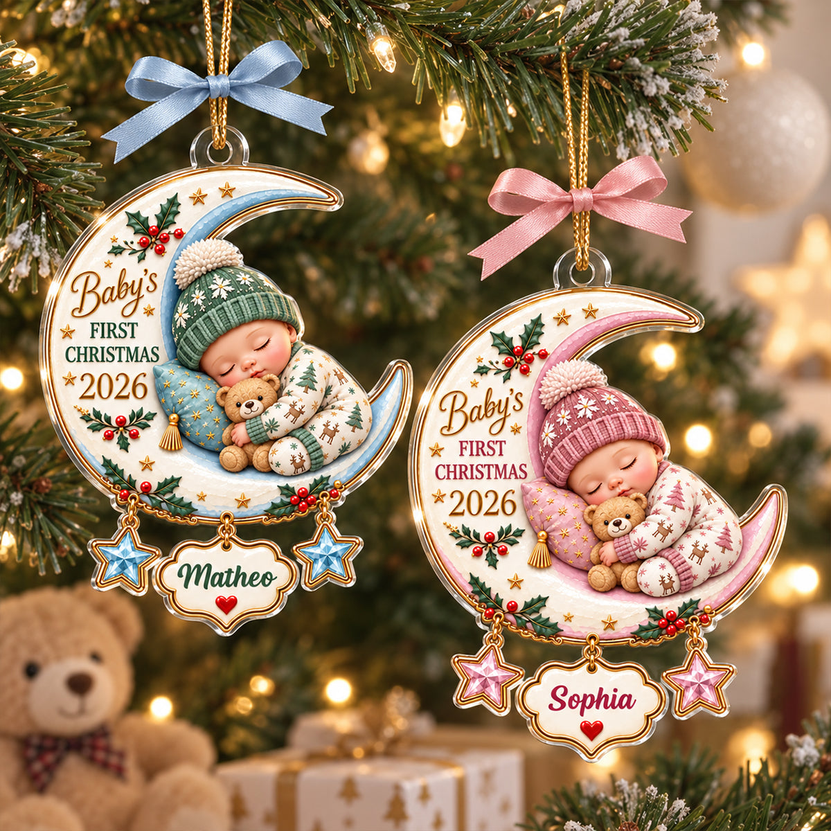 Personalized Baby's First Christmas Custom Name Moon & Star -  Newborn Gift