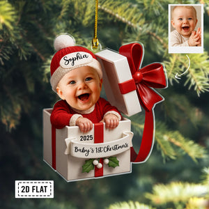 Personalized Baby Photo in Gift Box Christmas 2D Flat Acrylic Ornament