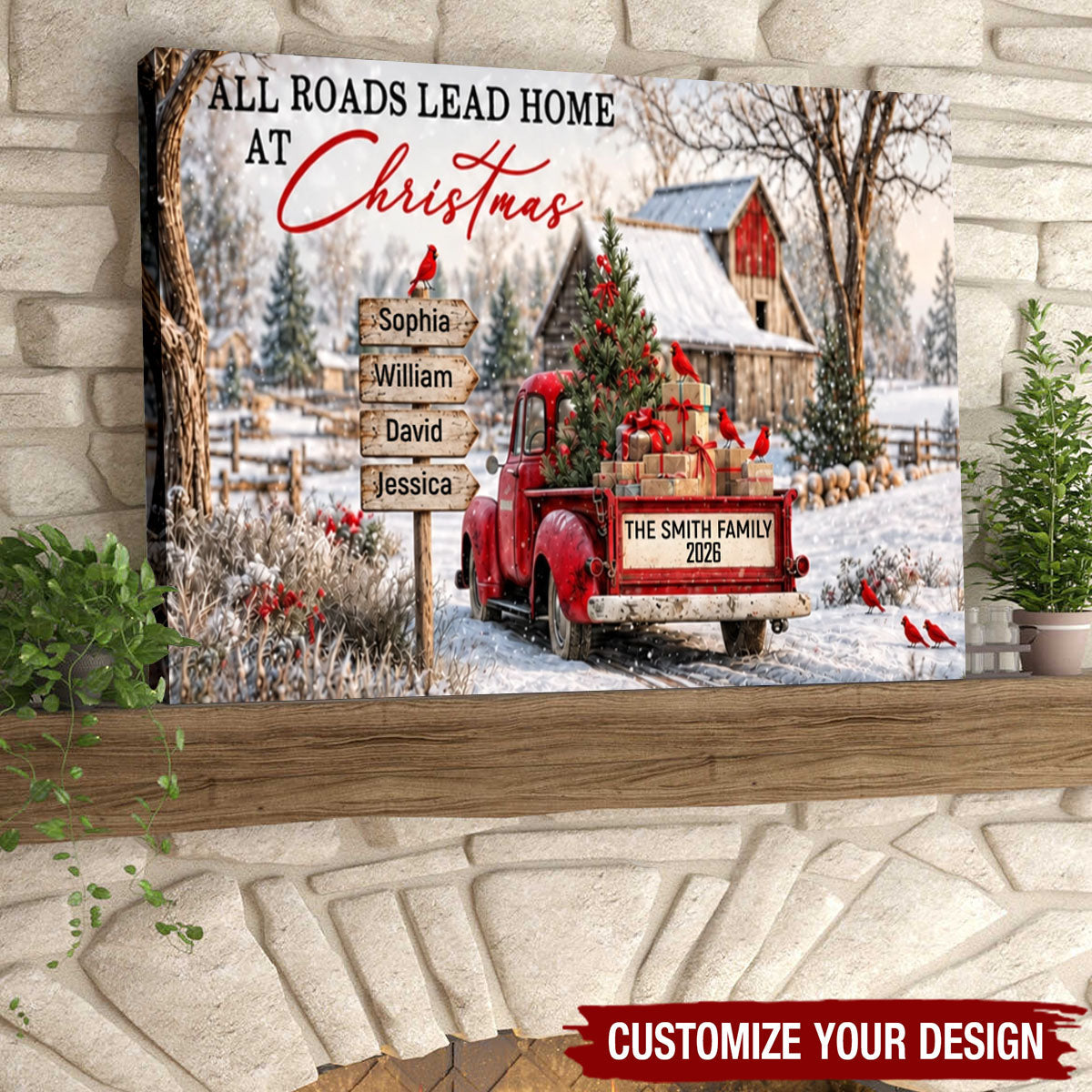 All Roads Lead Home at Christmas Rustic Farmhouse - Personalized Family Name Canvas