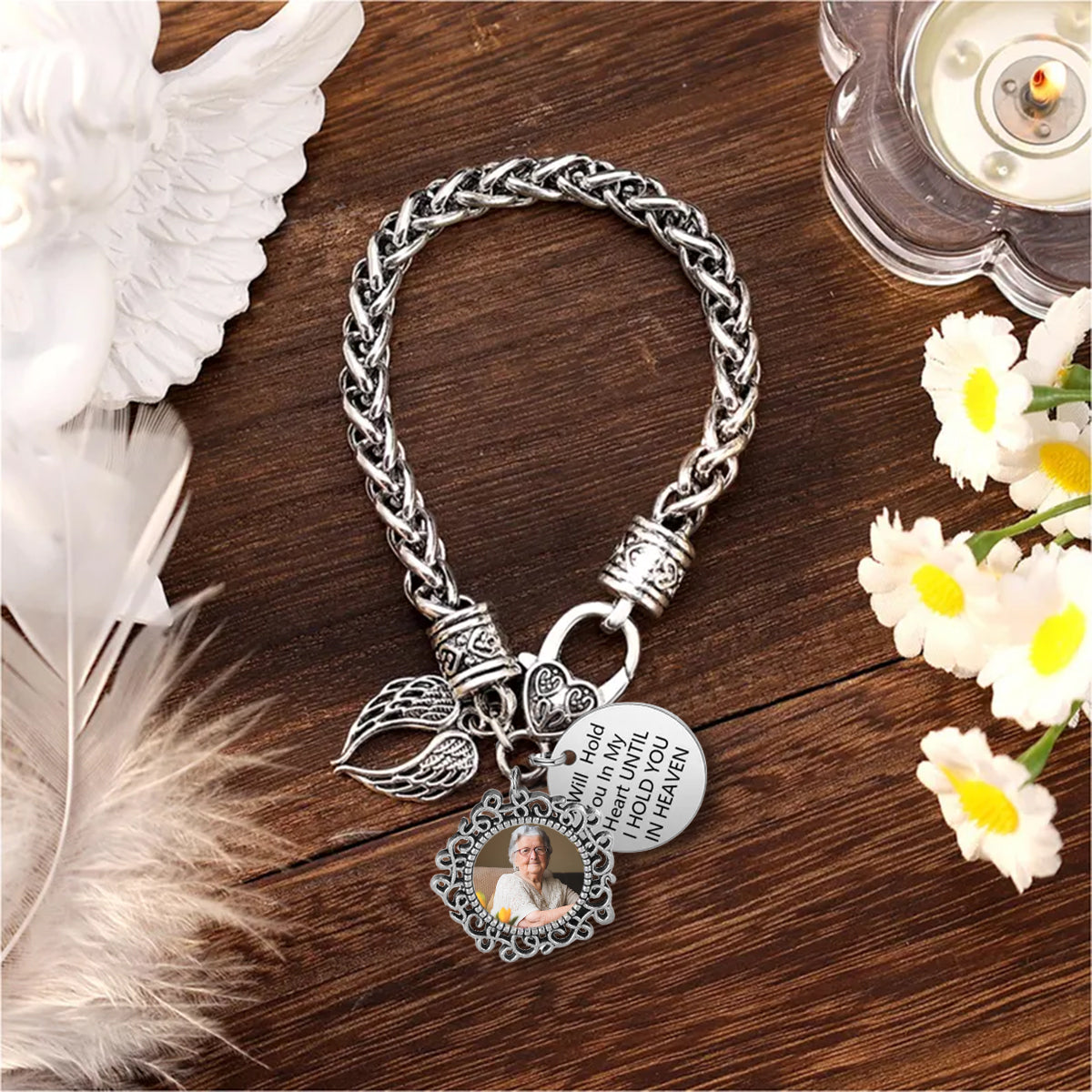 Custom Memorial Photo & Text Bracelet, Angel Wing Sympathy Gift