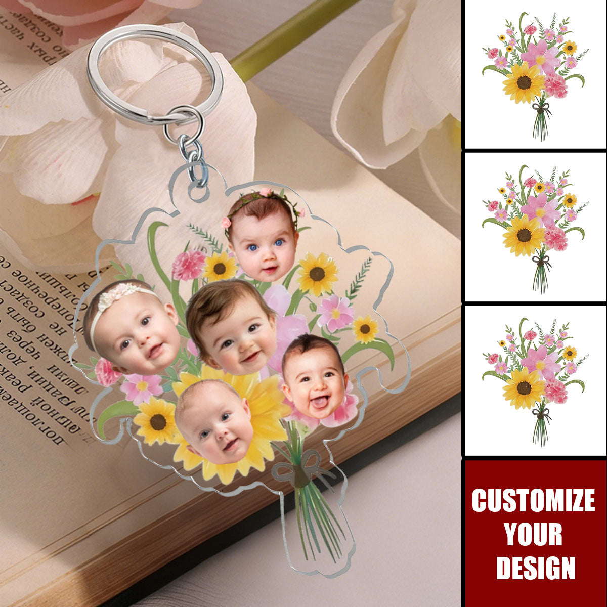 Custom Kids Face Flower Keychain - Personalized Gift For Mom Grandma