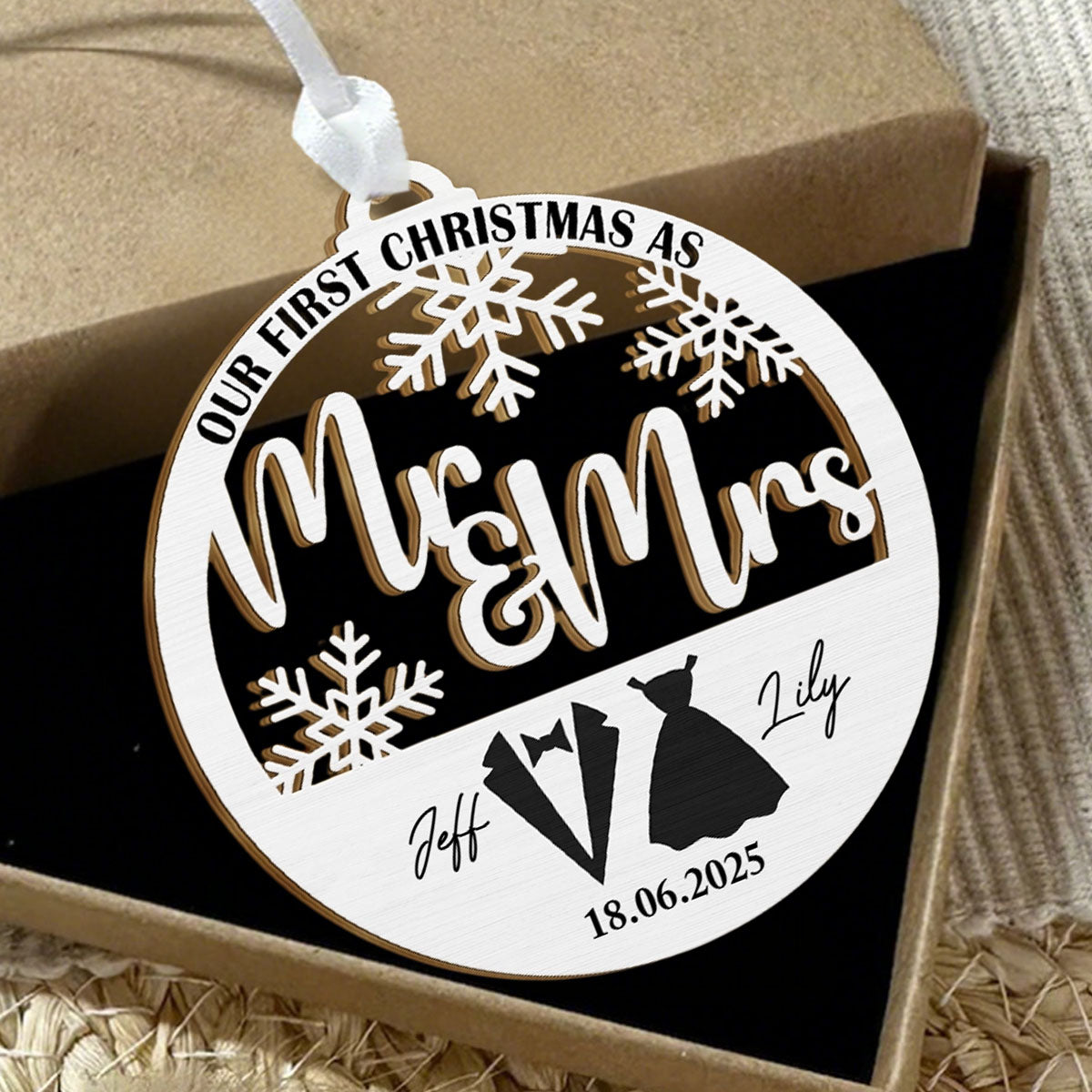 First Christmas Couple Merry & Married - Custom Wooden Ornament