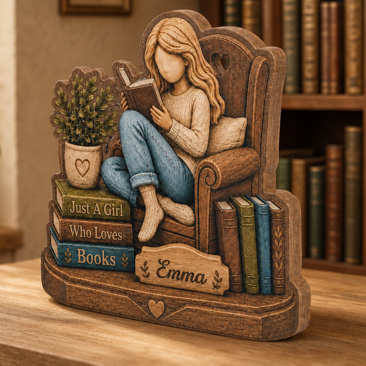Personalized Book Lover Wooden Plaque, Custom Name Reading Girl Desk Decor
