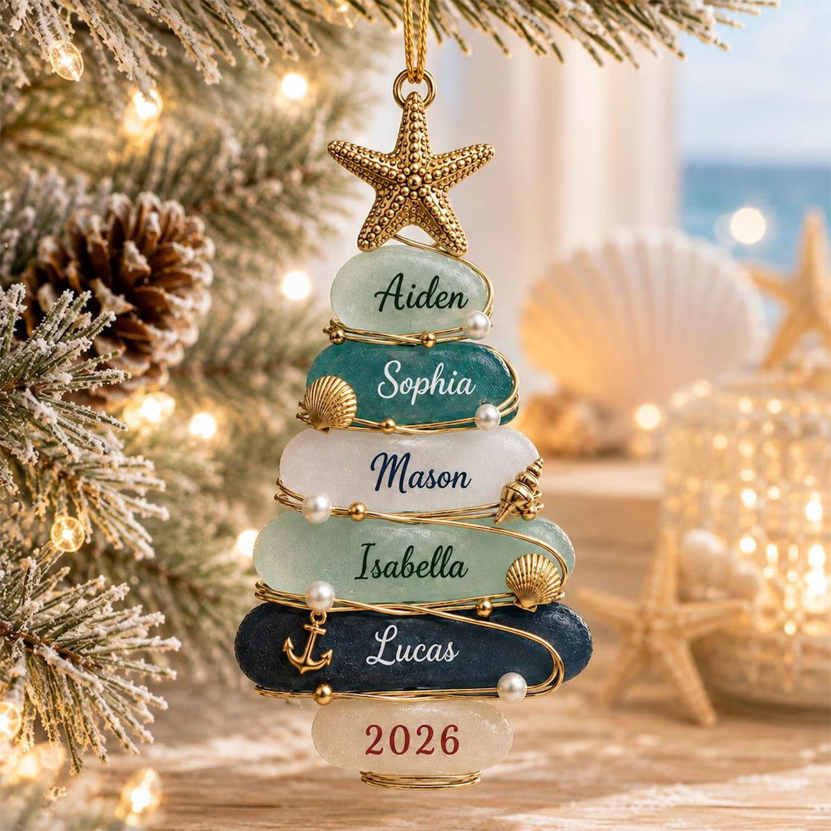 Custom Sea Glass Tree 2026 Ornament, Personalized Coastal Family Christmas Gift