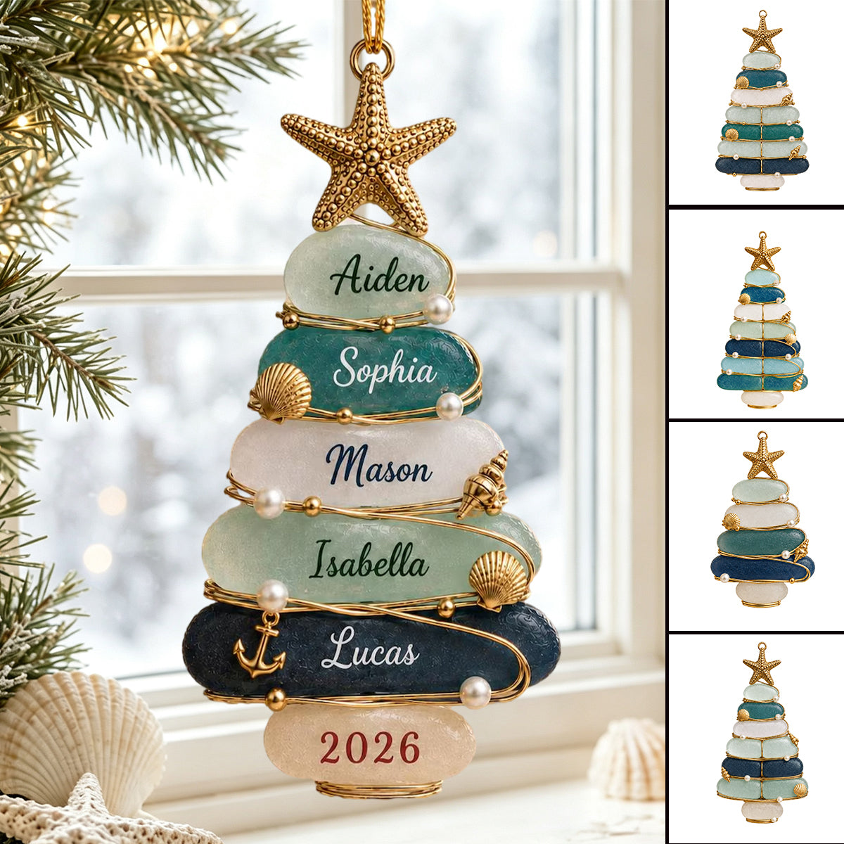 Custom Sea Glass Tree 2026 Ornament, Personalized Coastal Family Christmas Gift