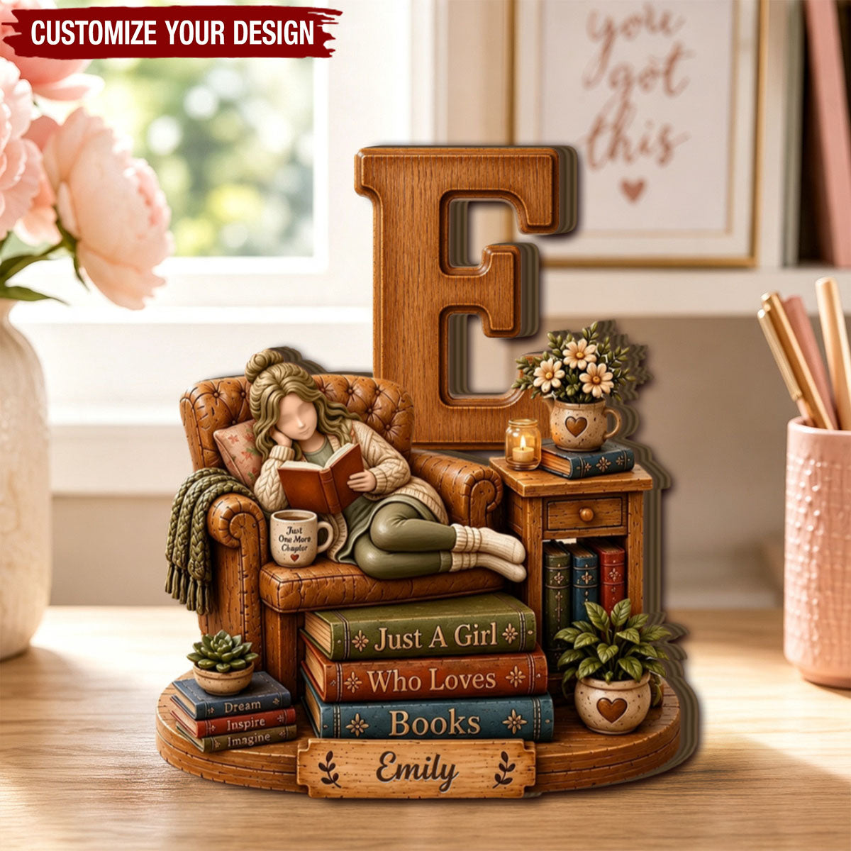 Just A Girl Who Loves Books Wooden Block, Personalized Initial Letter & Name Block