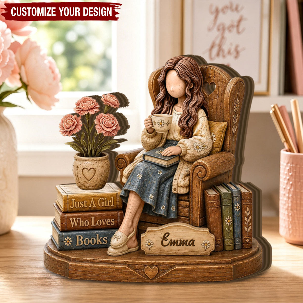 Personalized Birth Month Flower Reading Girl Wooden Plaque, Book Lover Gift