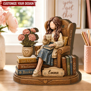 Personalized Birth Month Flower Reading Girl Wooden Plaque, Book Lover Gift