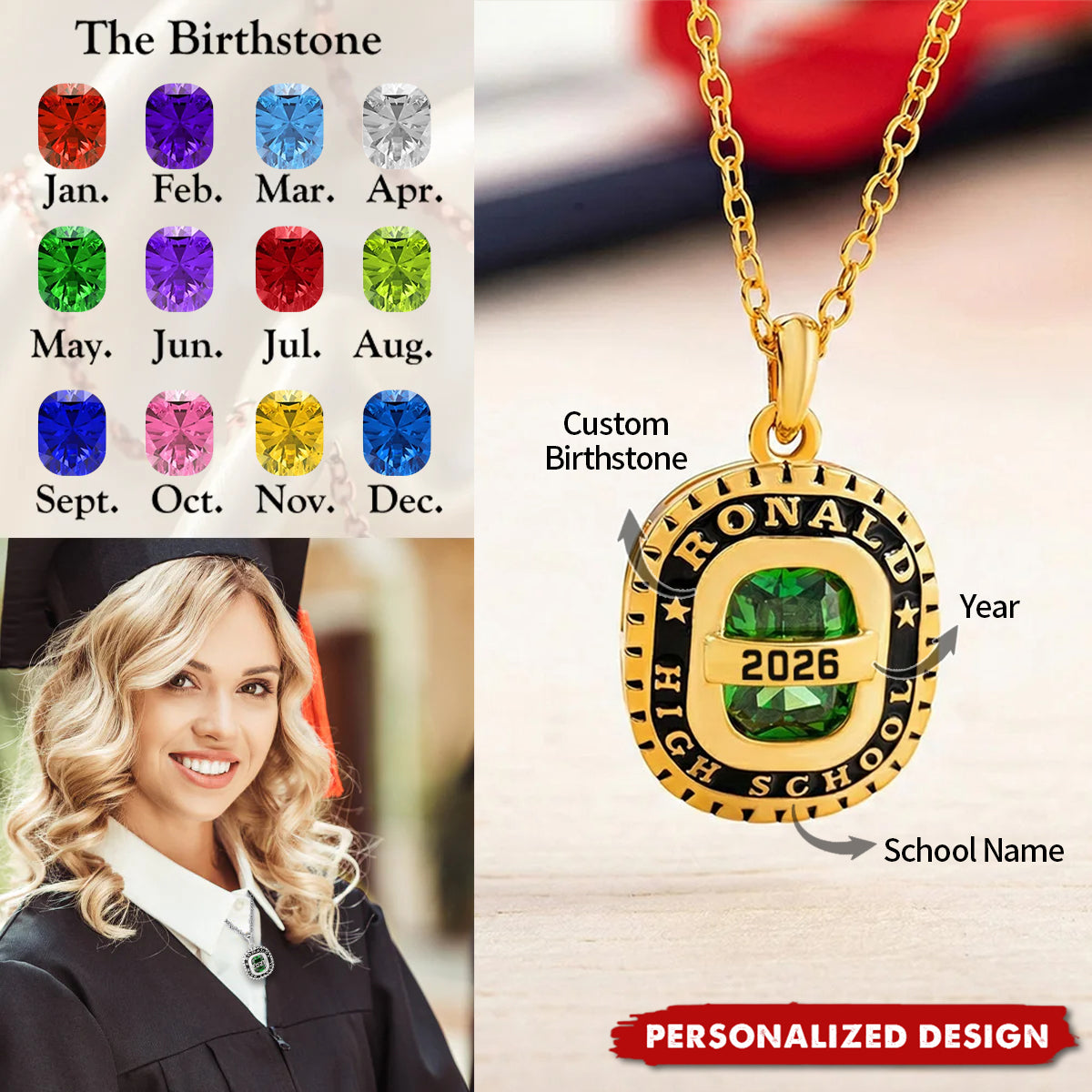 Personalized Birthstone Shield Badge Necklace With Text Class of 2026 Graduation Gift
