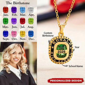 Personalized Birthstone Shield Badge Necklace With Text Class of 2026 Graduation Gift