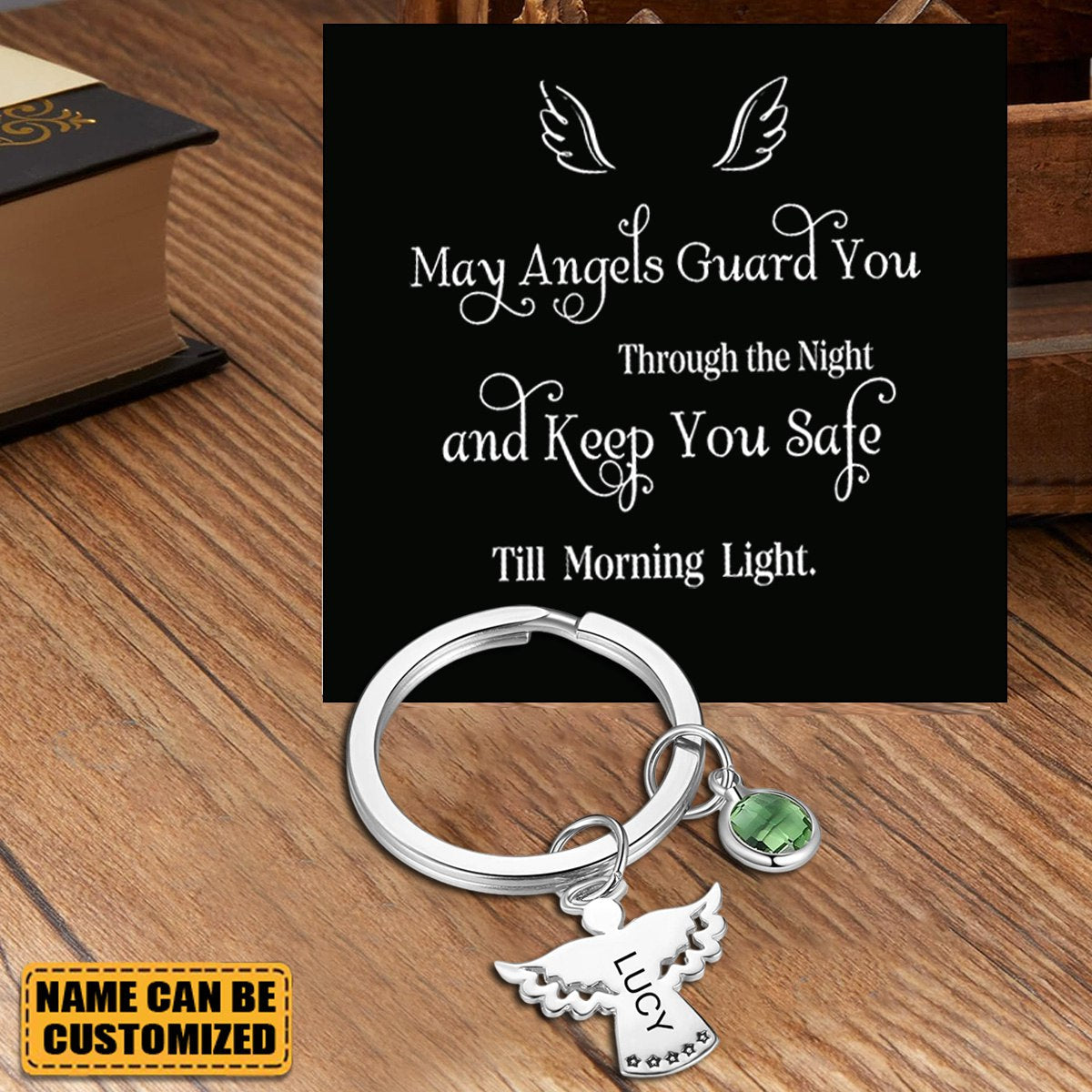 Personalized Guardian Angel Birthstone Stainless Steel Keychain