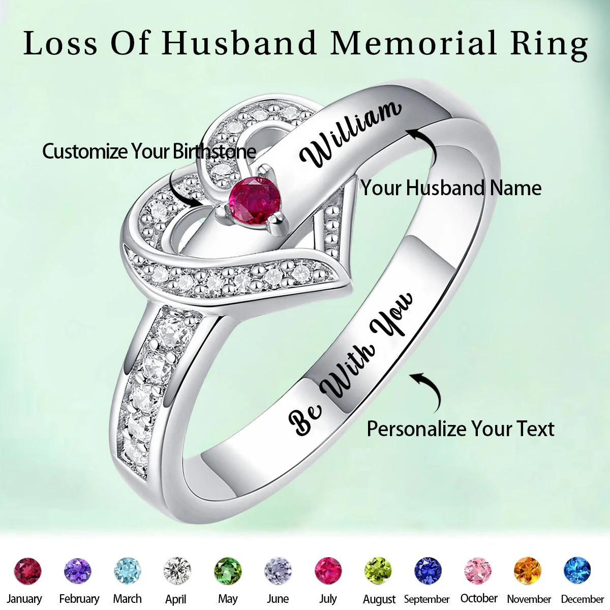 Personalized Name Heart Promise Birthstone Memorial Sterling Silver Ring