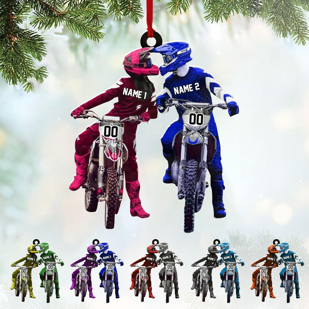 Couple Kissing Biker Motorcycle Racing Gift - Personalized Dirt Bike Christmas Ornaments