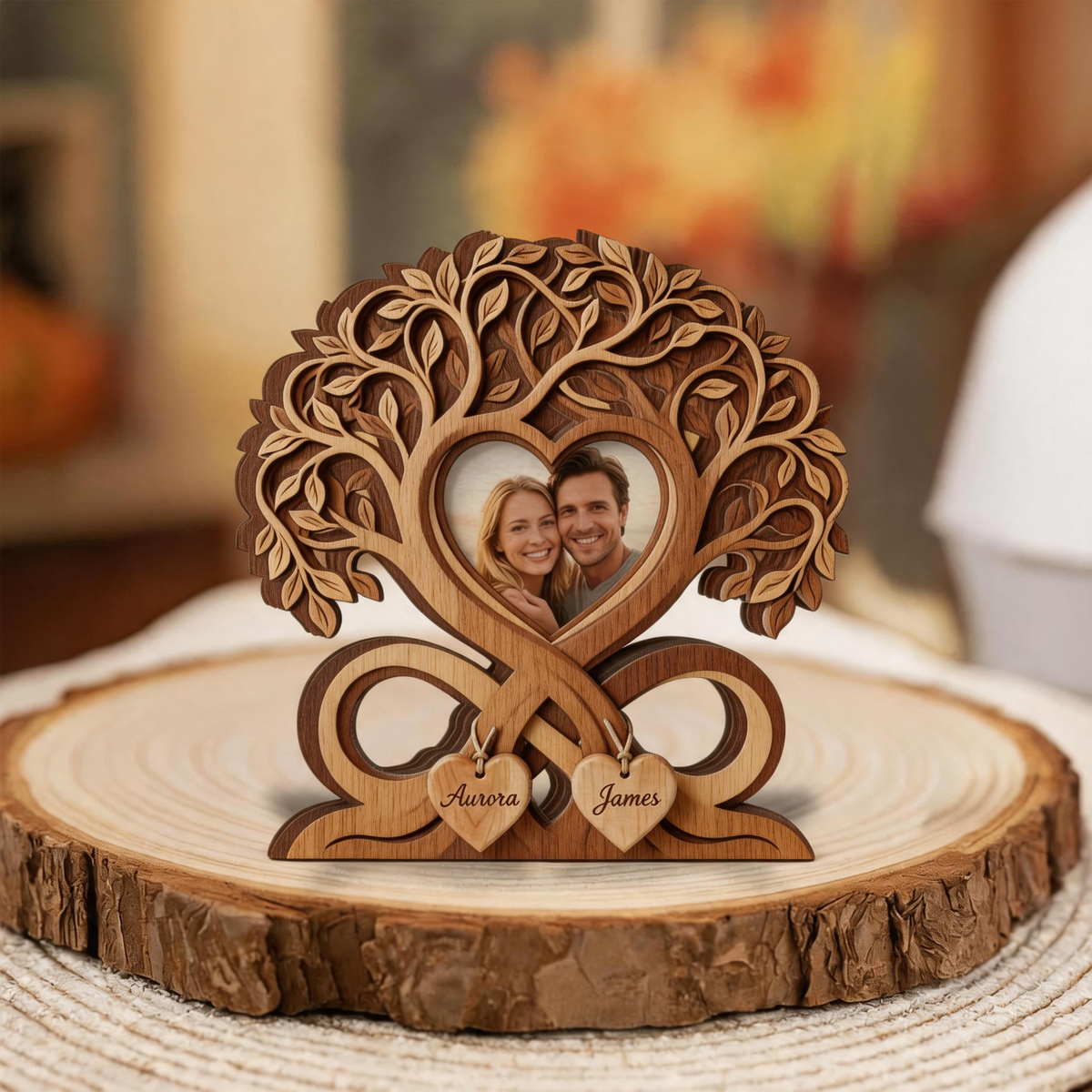 Infinity Heart Couple Photo Block - Personalized Wooden Heart Couple Sculpture