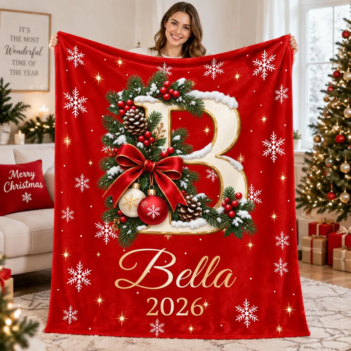 Personalized Christmas Blanket Custom Name Initial Letter Blanket - Family Holiday Gift