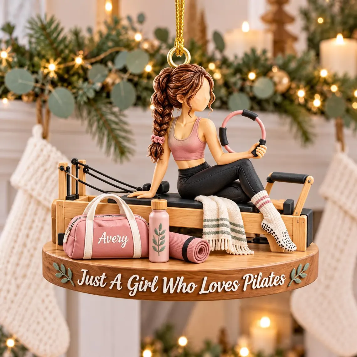 Personalized Pilates Girl Ornament, Custom Name Pilates Lover Holiday Decor