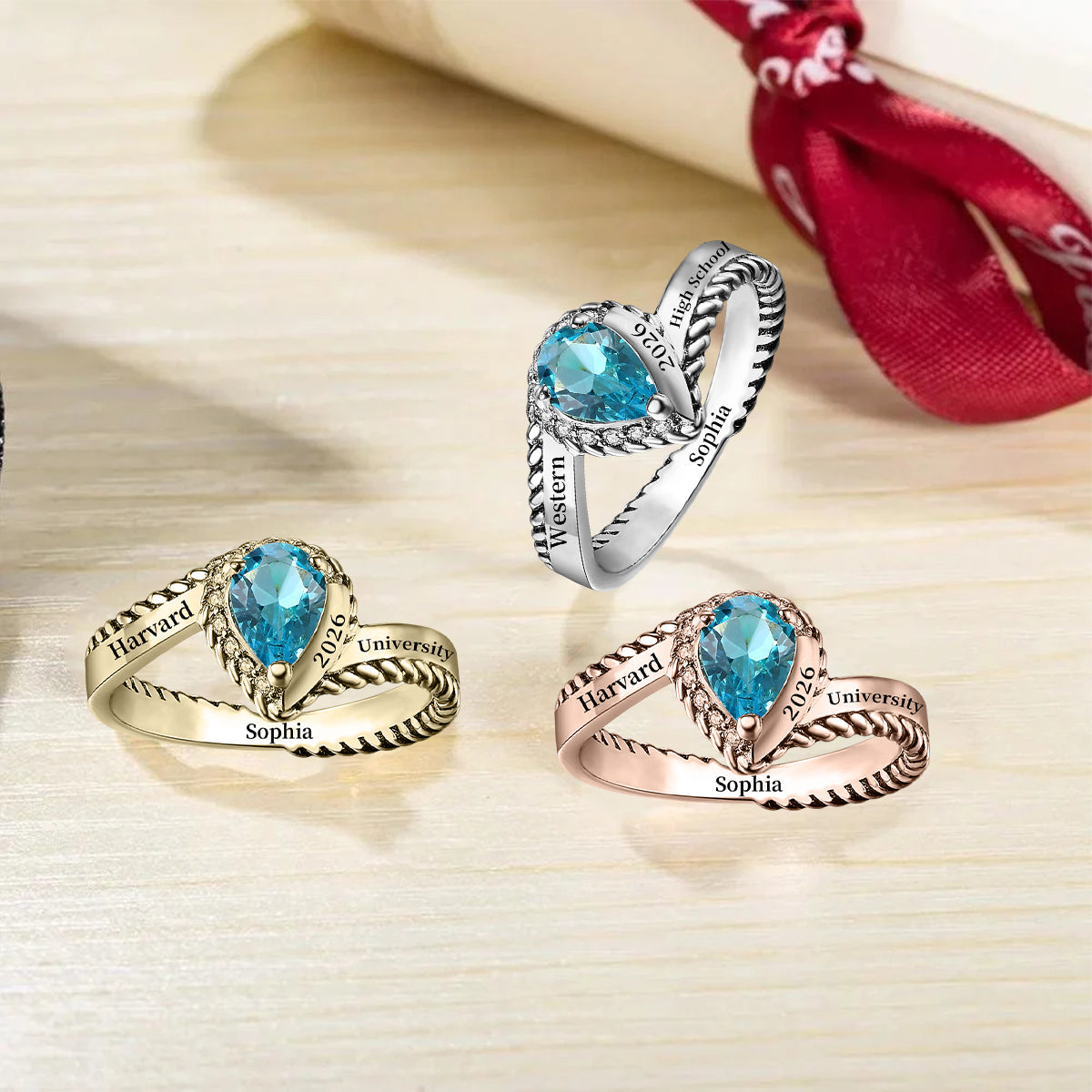 Graduation Birthstone Ring With Custom Engravings