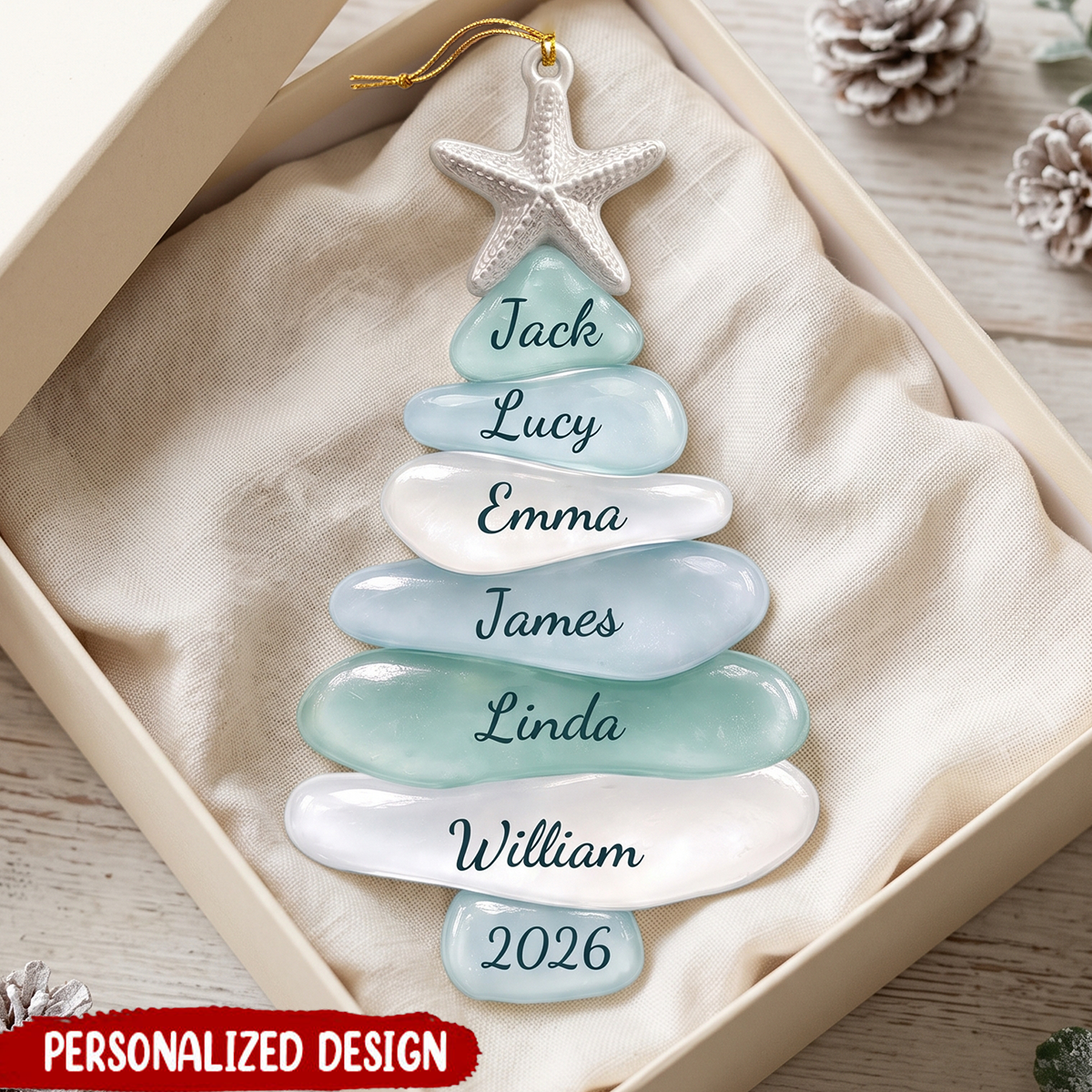 Custom Sea Glass Tree Ornament, Coastal Family Christmas Keepsake