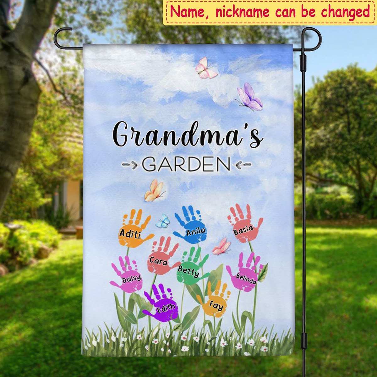 Grandma's garden Hand print Grandkids Personalized Garden House Flag