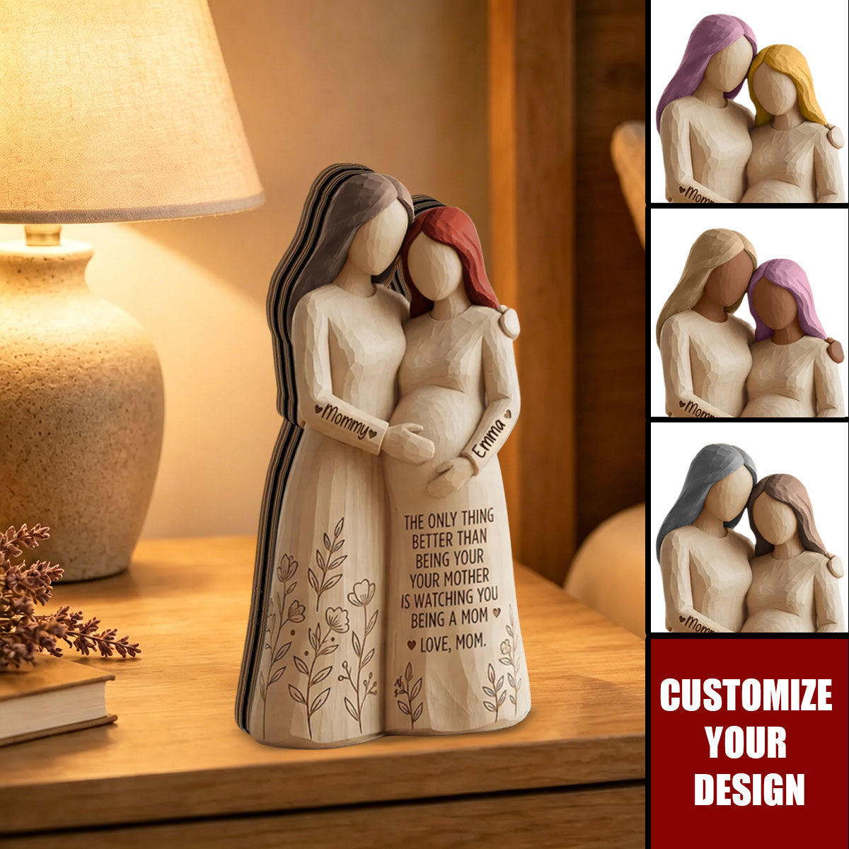 Personalized Pregnant Mom Figurine - Mother Daughter Wood Sculpture