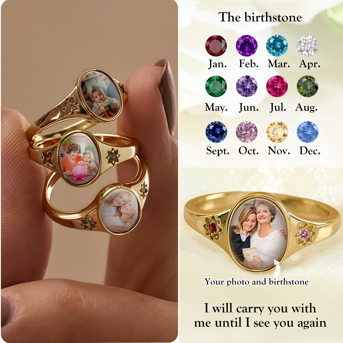 Personalized Custom Oval Photo Ring With 2 Birthstones, Gift for Her