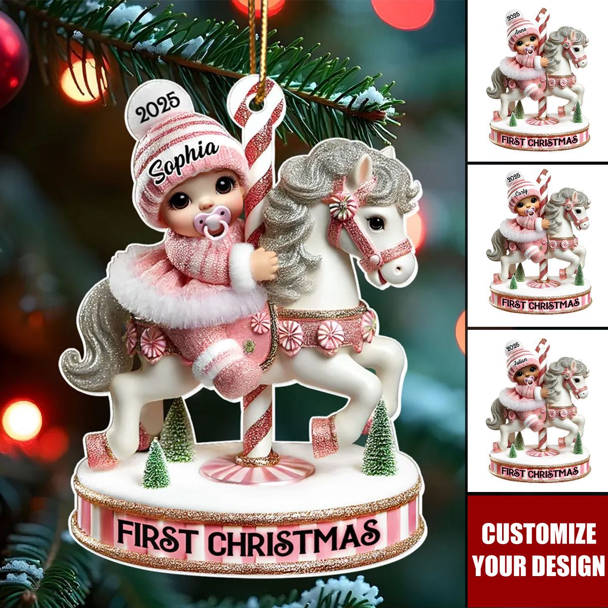 Baby's First Christmas Cute Baby On Carousel Horse Personalized Acrylic Ornament, New Parents Keepsake