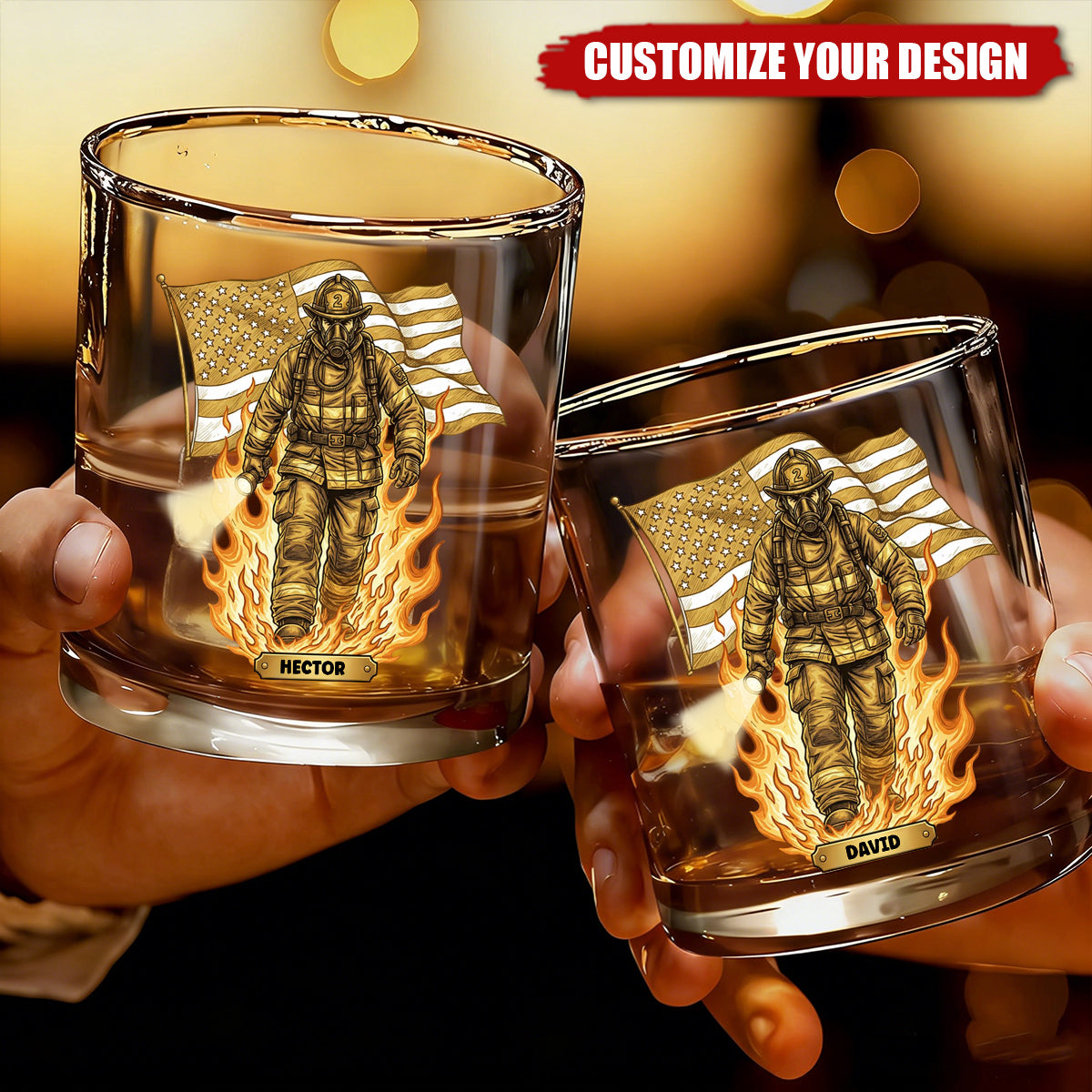 Personalized Whiskey Glass with Firefighter and Flag – Custom Gift for Firefighter