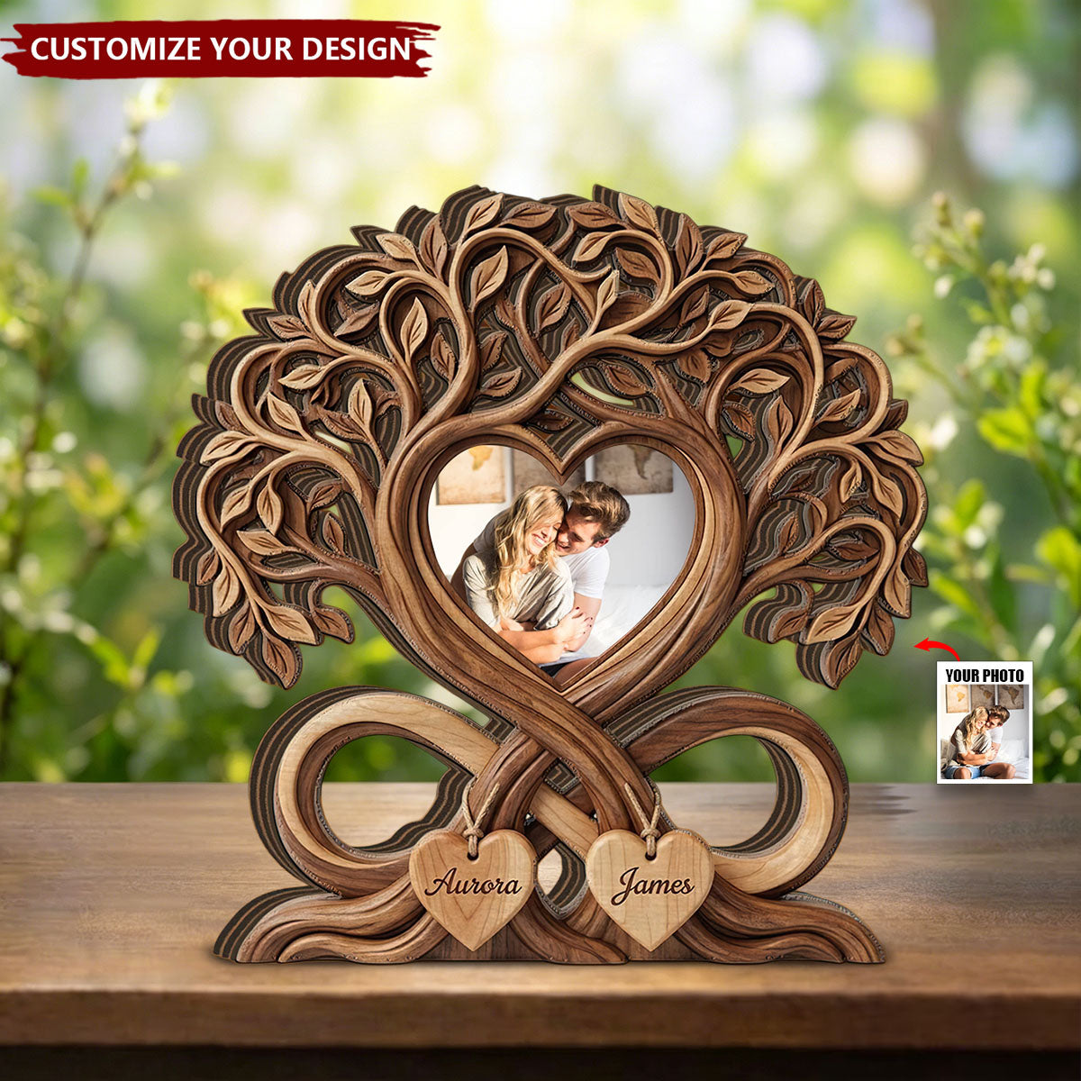 Infinity Heart Couple Photo Block - Personalized Wooden Heart Couple Sculpture