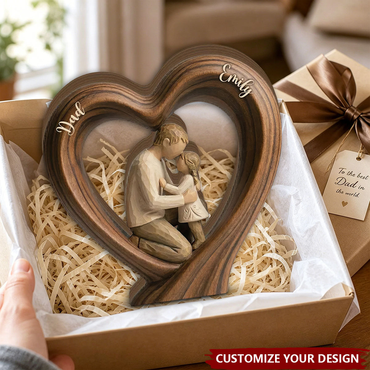 Personalized Father's Day Wooden Heart Block - Custom Name Wood Family Gift