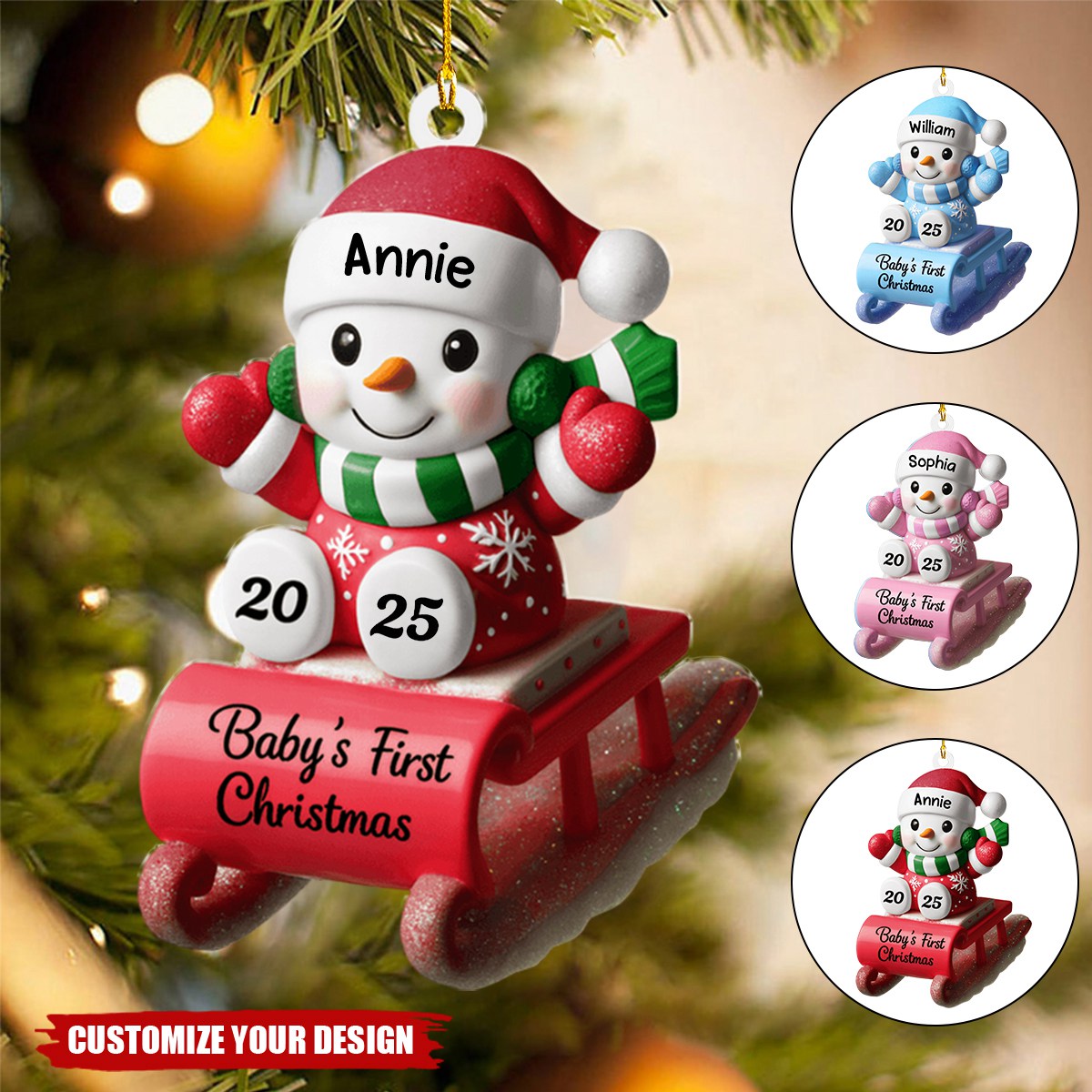 Baby's First Christmas Snowman On Sleigh - Personalized Christmas Ornament