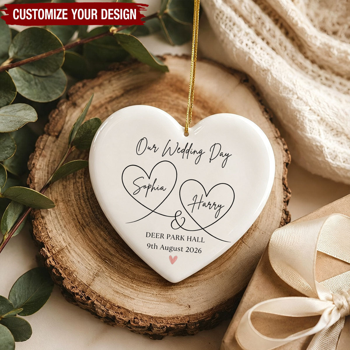 Personalised Wedding Day Ceramic Heart Ornament - Couples Gift for Newlyweds