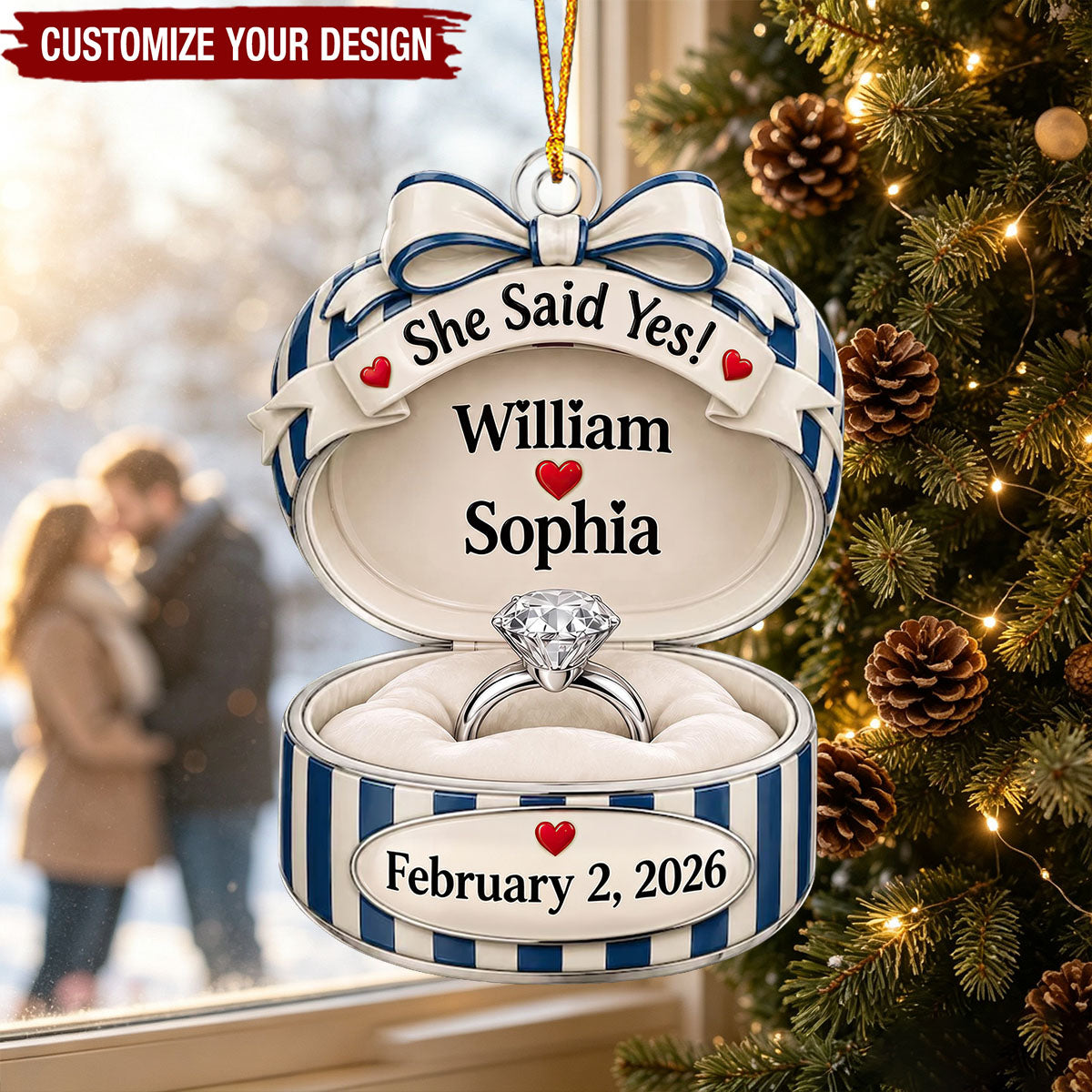 She Said Yes! - Engagement Ring Personalized Christmas Ornament