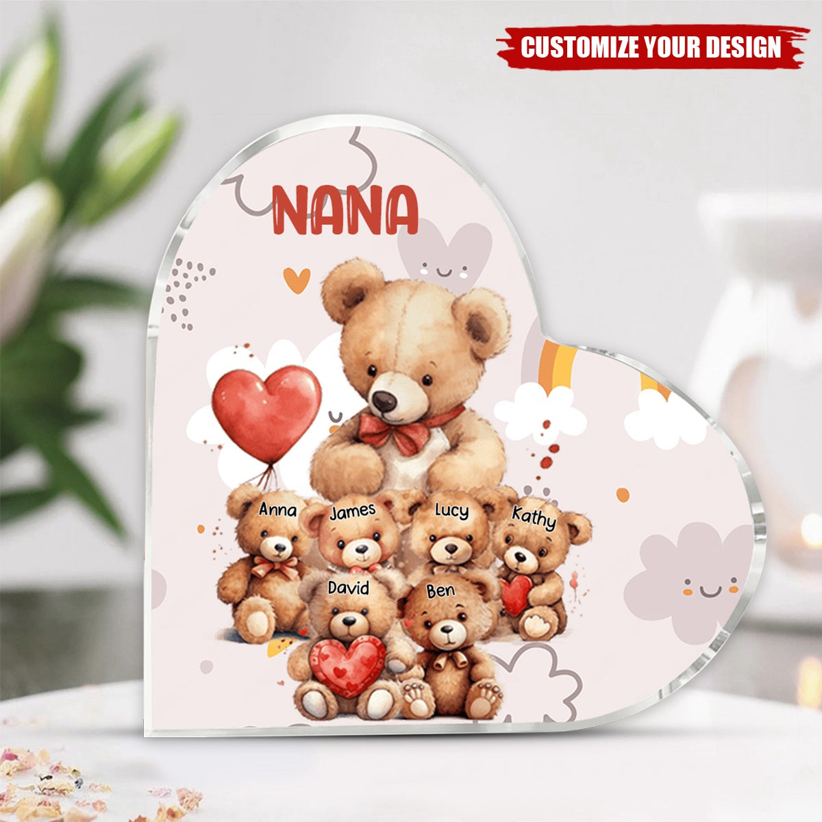 Custom Names Bear - Personalized Custom Heart Shaped Acrylic Plaque