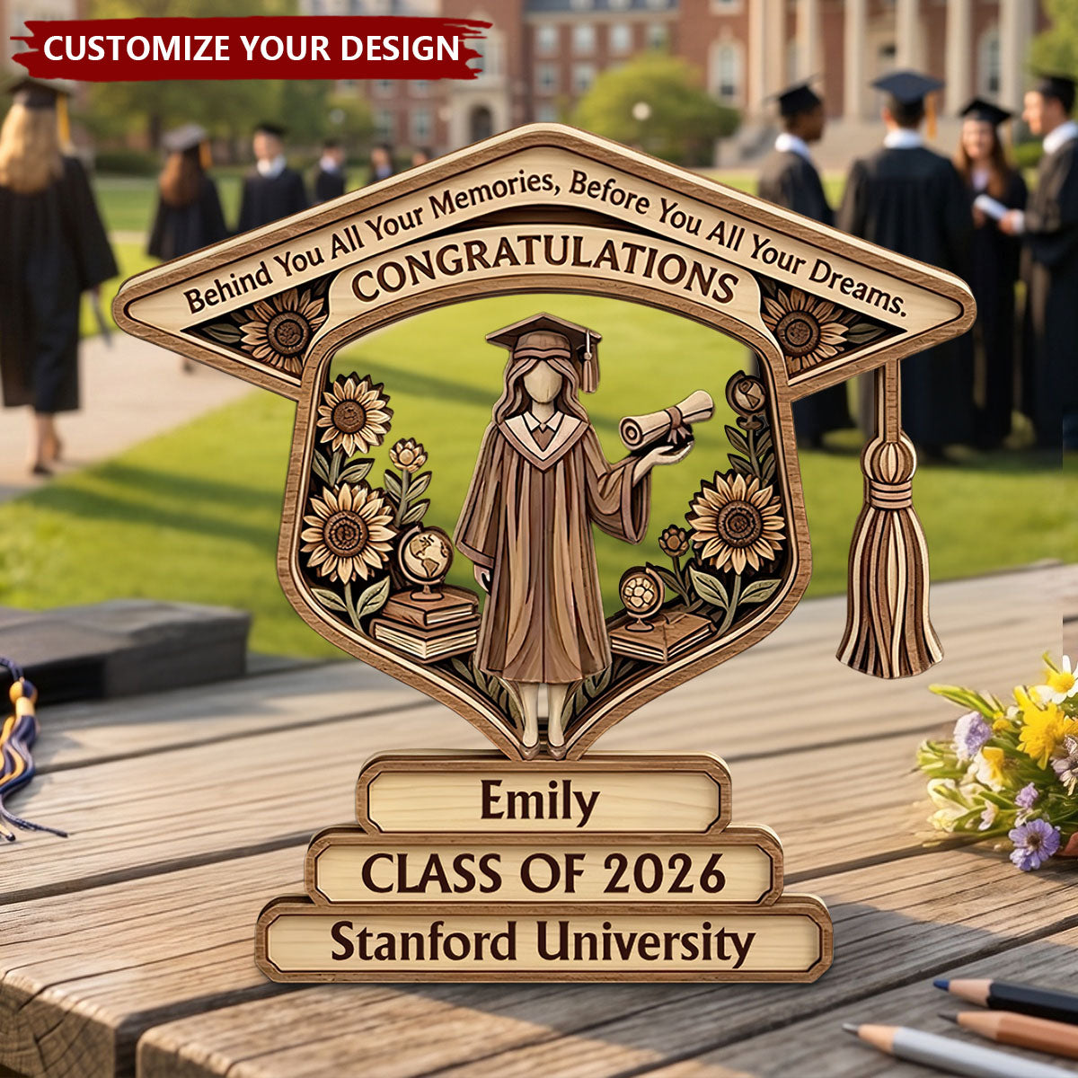 Personalized Graduation Wooden Block Class of 2026 - Custom Name Senior Gift