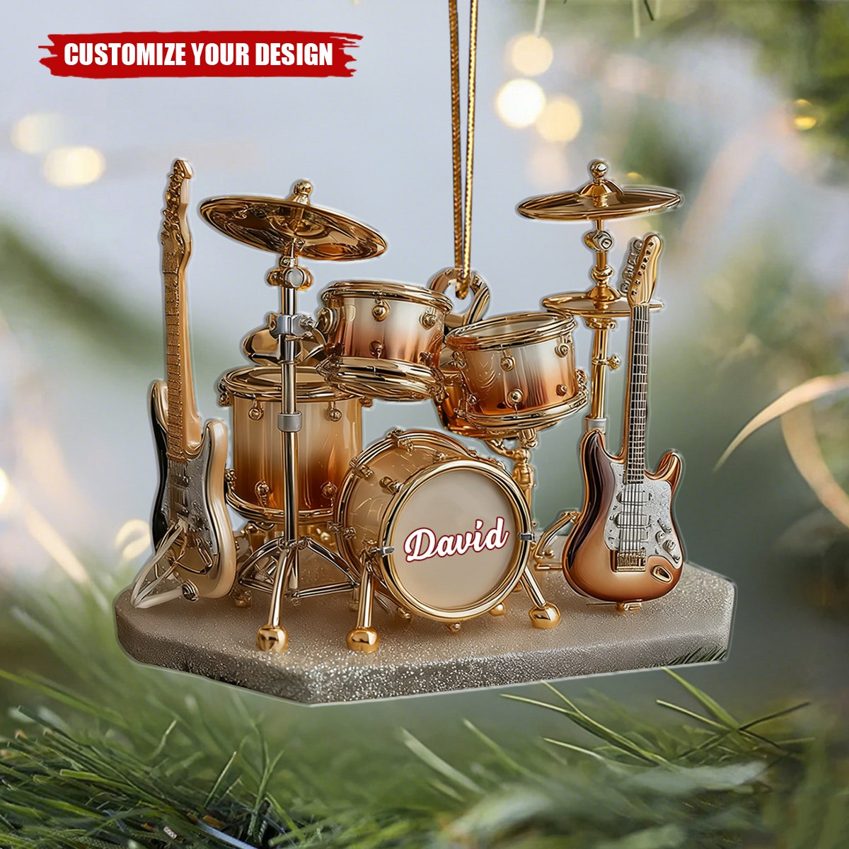 Personalized Drum Xmas Ornament - Custom Name Guitar & Drums Christmas Gift