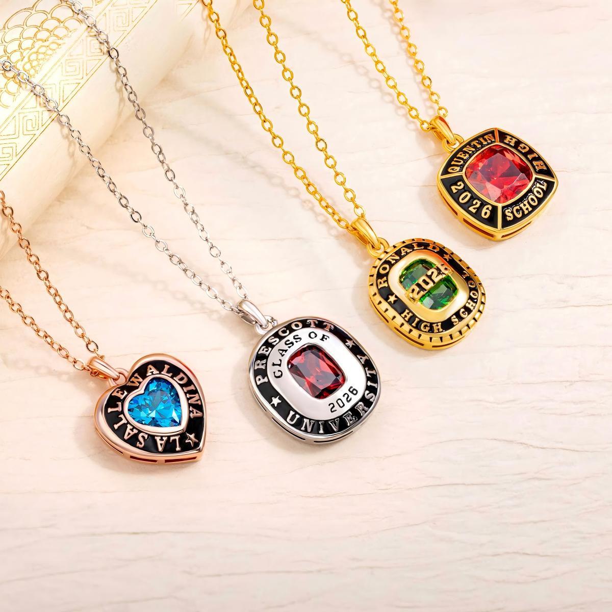 Personalized Birthstone Shield Badge Necklace With Text Class of 2026 Graduation Gift