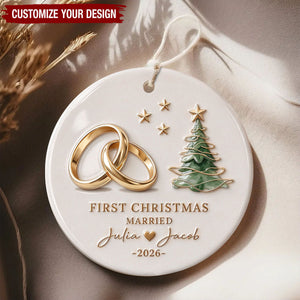 Personalized First Christmas Married Wedding Rings Ceramic Ornament