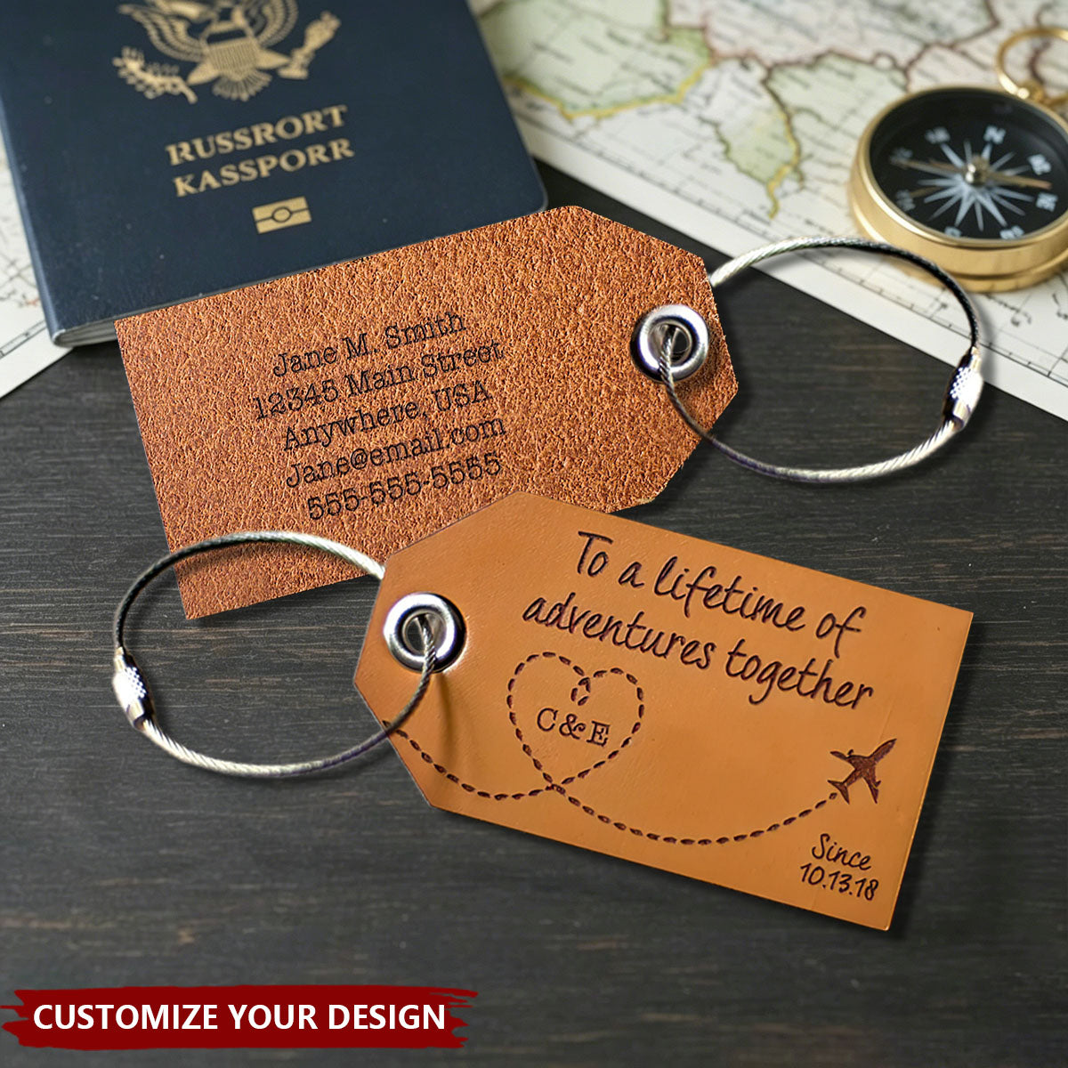 Personalized Leather Luggage Tags - Lifetime of Adventure with Plane