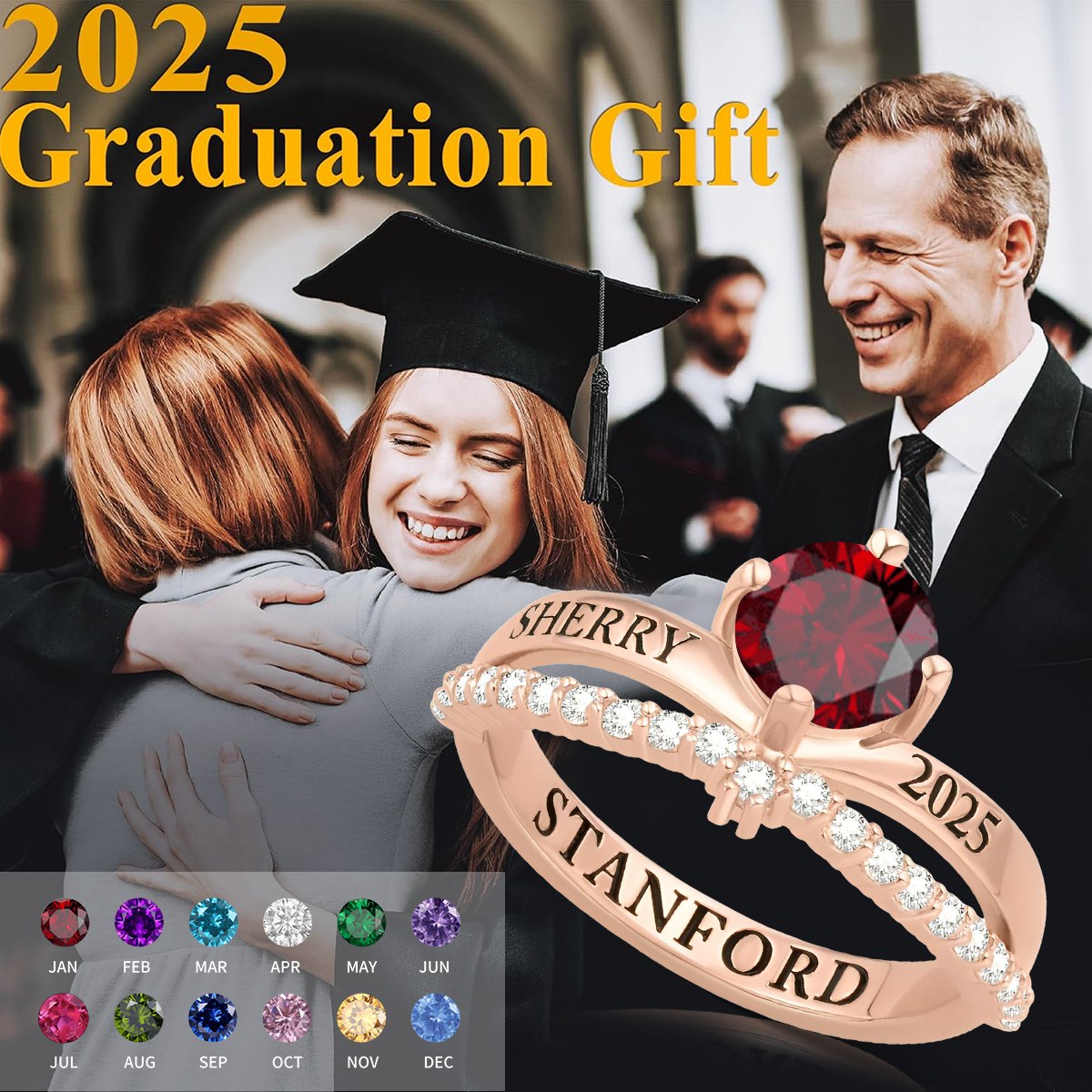 Personalized Birthstone Ring with Engraved Name Year and Text Dainty Jewelry Birthday Graduation